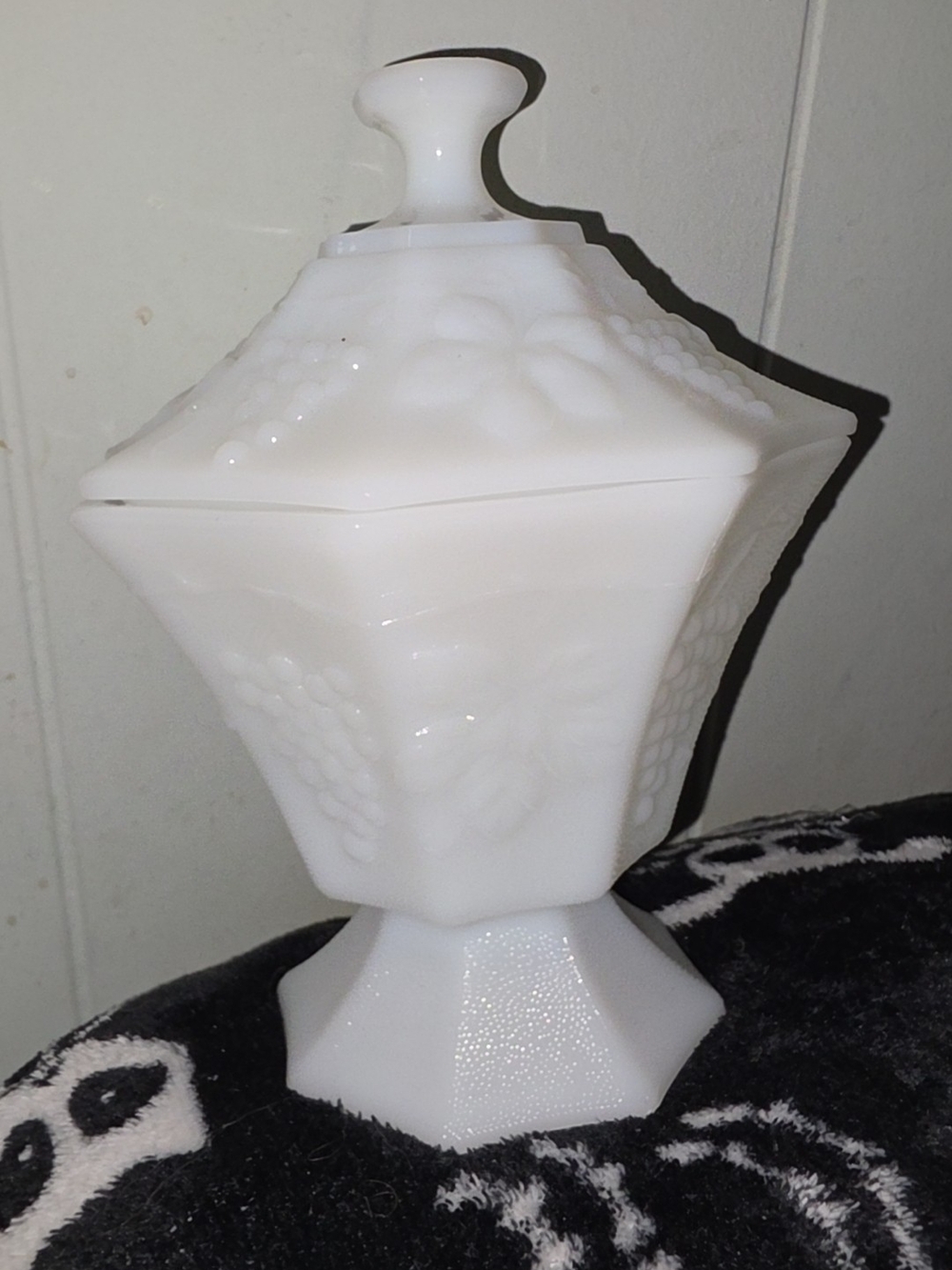 Anchor Hocking White Milk Glass Covered Candy Dish with Grape Motif
